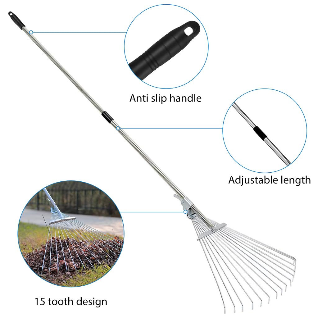 HASTHIP Retractable Garden Leaf Rake for Lawn and Yard featuring 77–165cm Handle & 15 Tines
