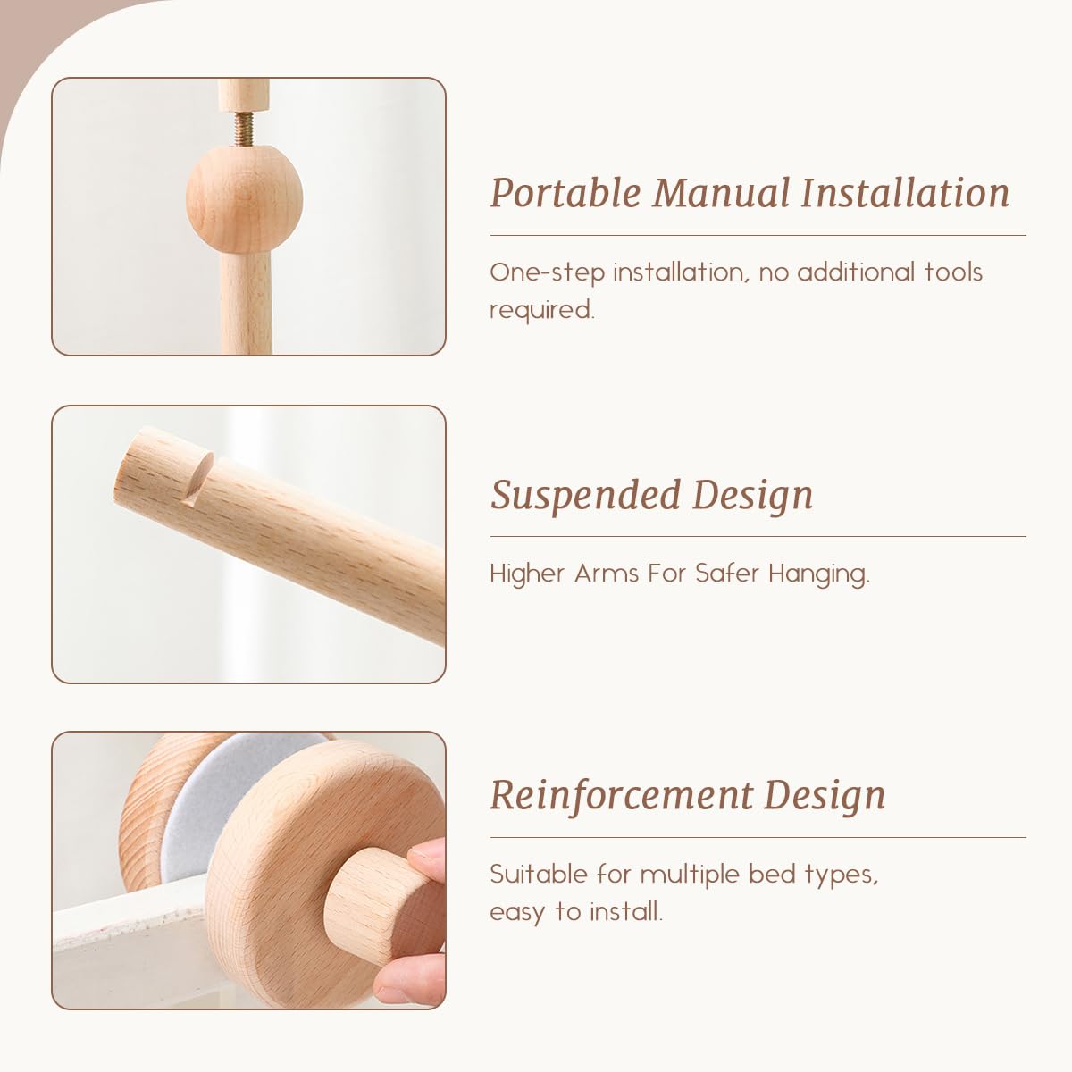 SNOWIE SOFT Wooden Crib Mobile Arm with 360° Rotatable Holder and Screw-Fix Base | Natural Wood Finish for Nursery