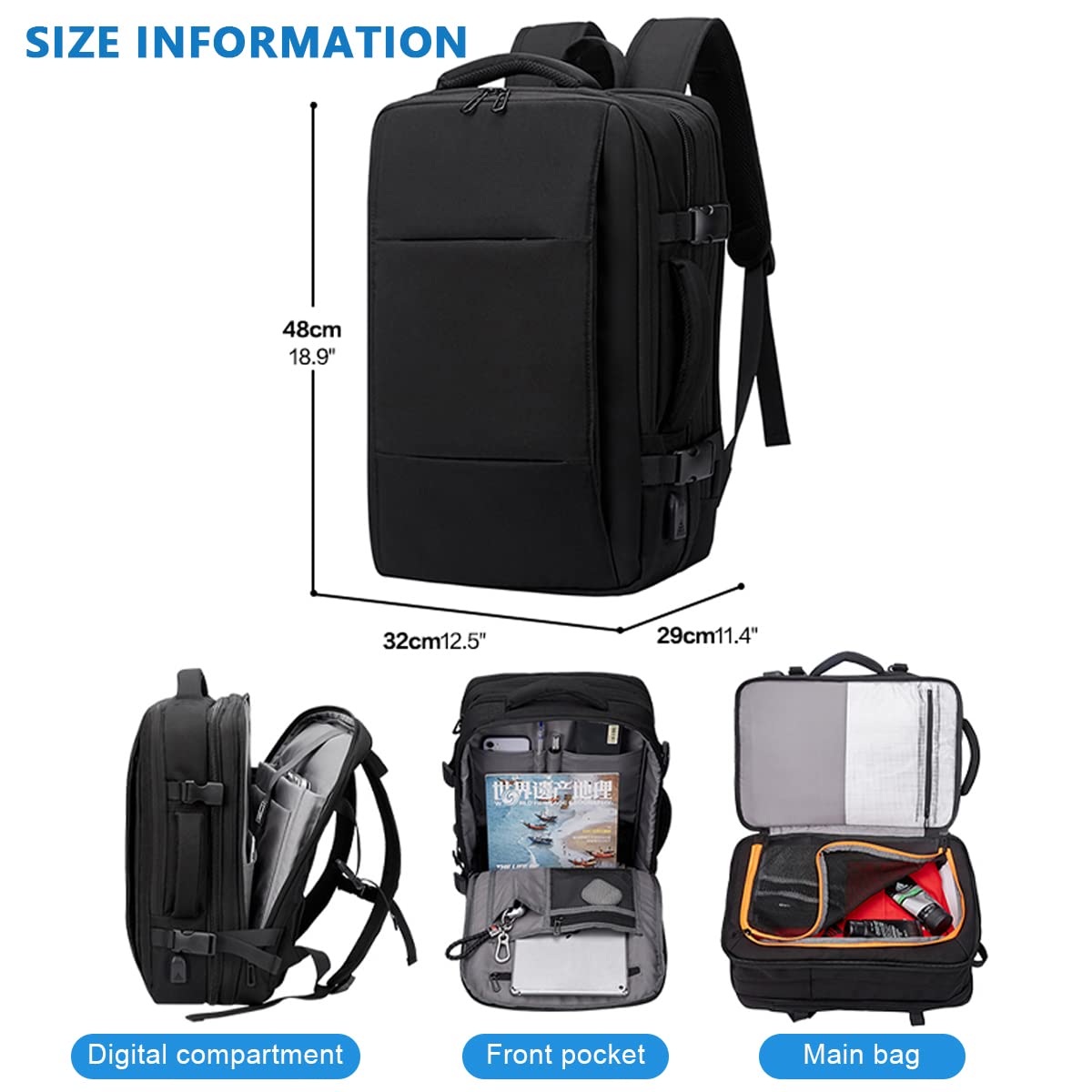 GUSTAVE Laptop Backpack for Travel and Business with USB Port 22–37L Expandable Design | Black