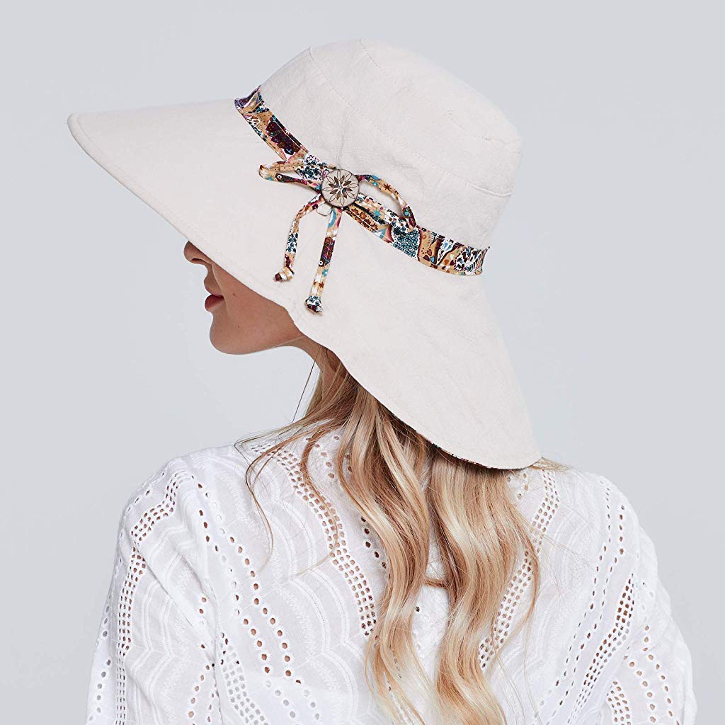 PALAY® Women Cotton Sun Hat Both Sides Wear UPF 50 Garden Beach Foldable Wide Brim Caps Beige 22.8 Inches 3PCS