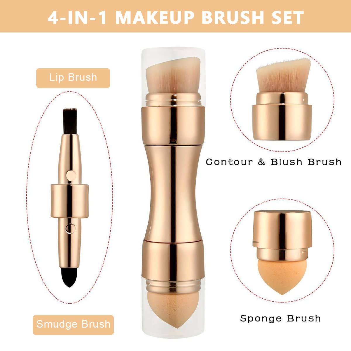 MAYCREATE® Makeup Brush Set, Travel 4 in 1 Brush Sets in Makeup, Portable Mini Cosmetic Make Up Brushes Kit Includes Foundation Brush, Face Brush, Lip Brush & Concealer Brush Gold