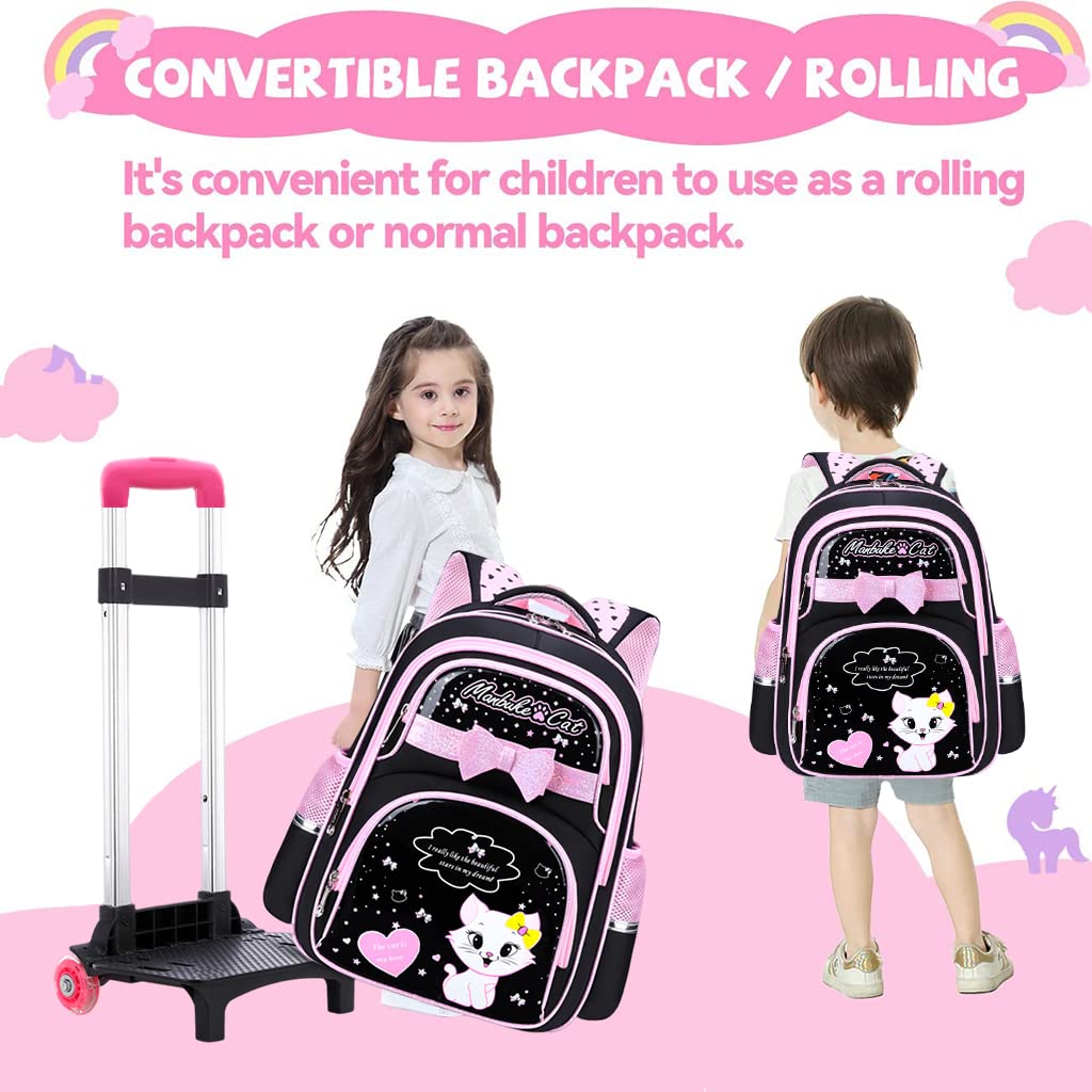 PALAY® School Bag for Girls Kids Luggage Trolley Backpack for Girls Travel Backpack for Elementary Preschool Students Detachable Wheel Stand Design Gift(42X32X18cm)