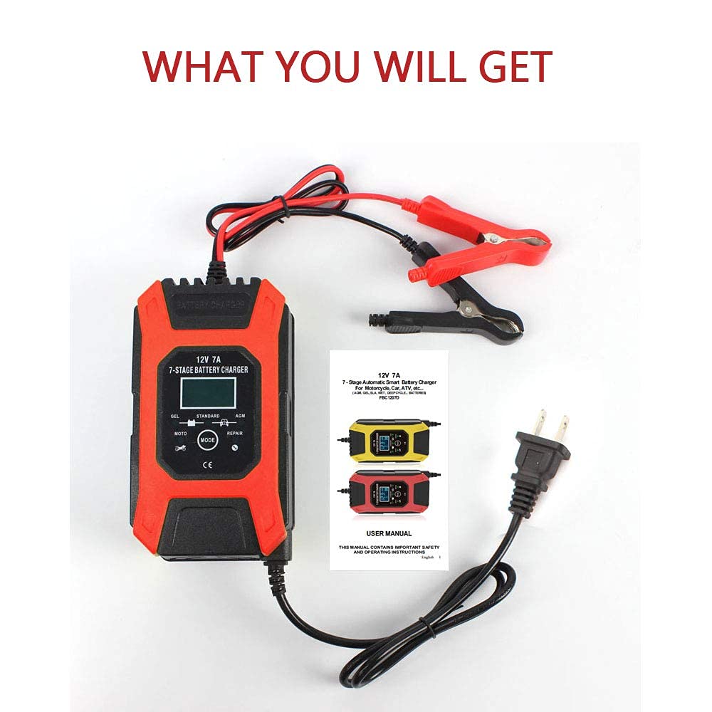 Verilux  Car Battery Charger 12V 7Ah | New Upgrade 7-Stage Automatic Pulse Repair Battery Charger & Maintainer for ATVs/Golf Cart/Motorcycle/Car/Yacht Mower and More (Red)