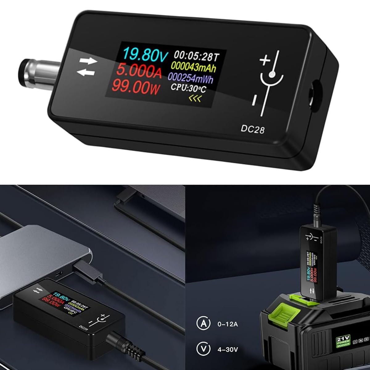 Serplex DC Voltage Meter for Electronic Devices featuring LCD Display and 0-12A 4-30V Range