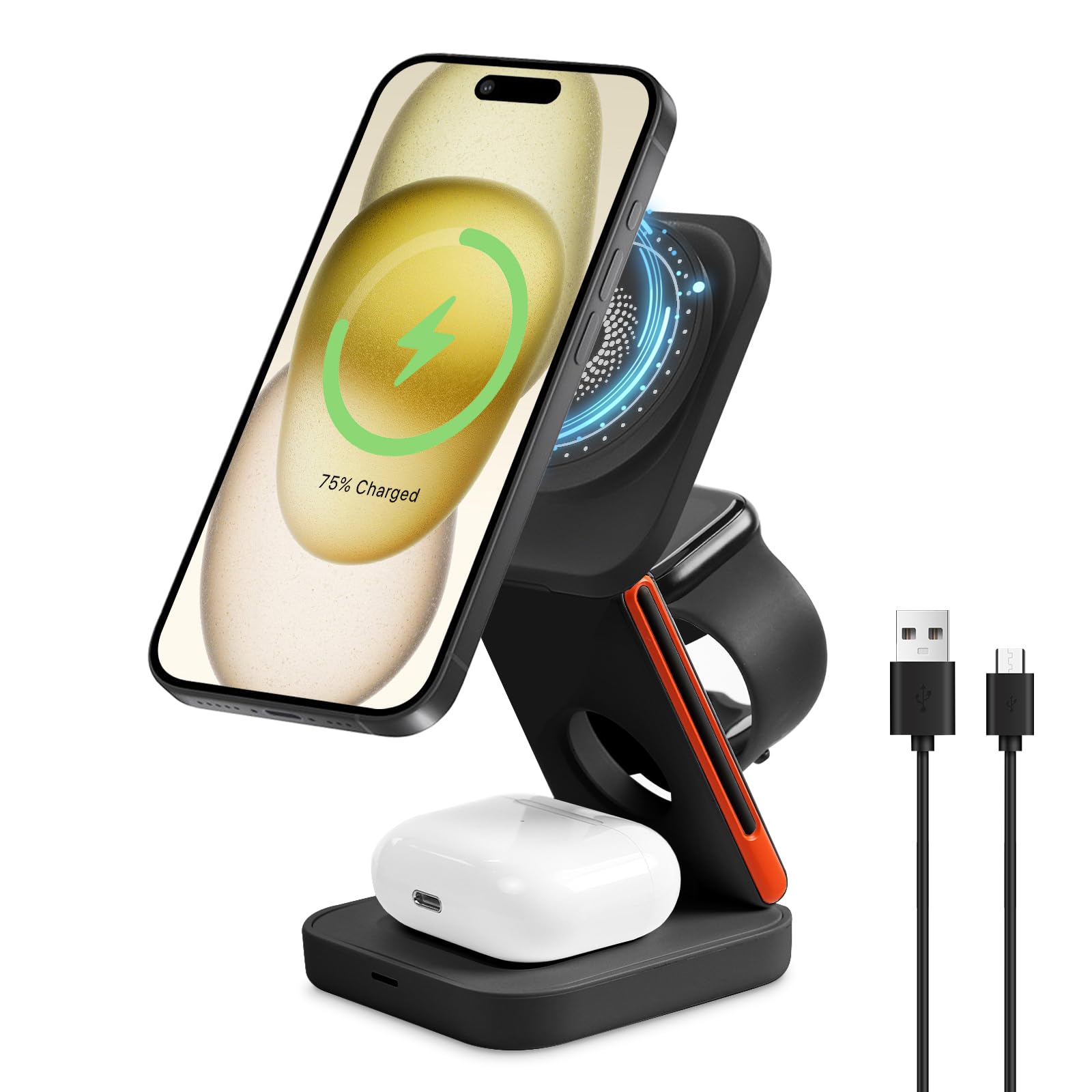 Zitronix 3 in 1 Wireless Charger with 15W Fast Output and Foldable Magnetic Stand | for iPhone Watch and AirPods