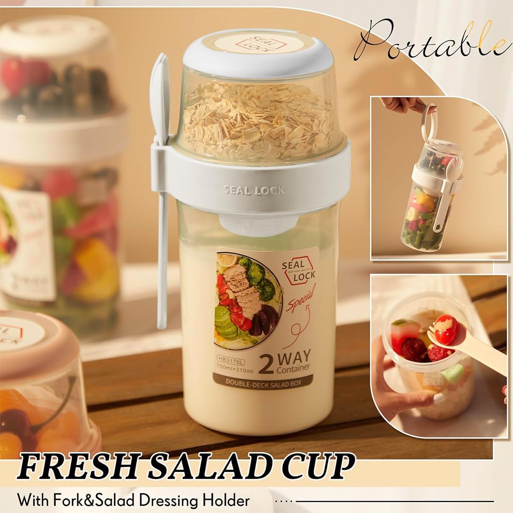HASTHIP Breakfast On the Go Cup for Yogurt and Oats with 350ml and 760ml Dual Containers | Leak-Proof PP Jar Featuring Screw Cap and Detachable Sauce Case
