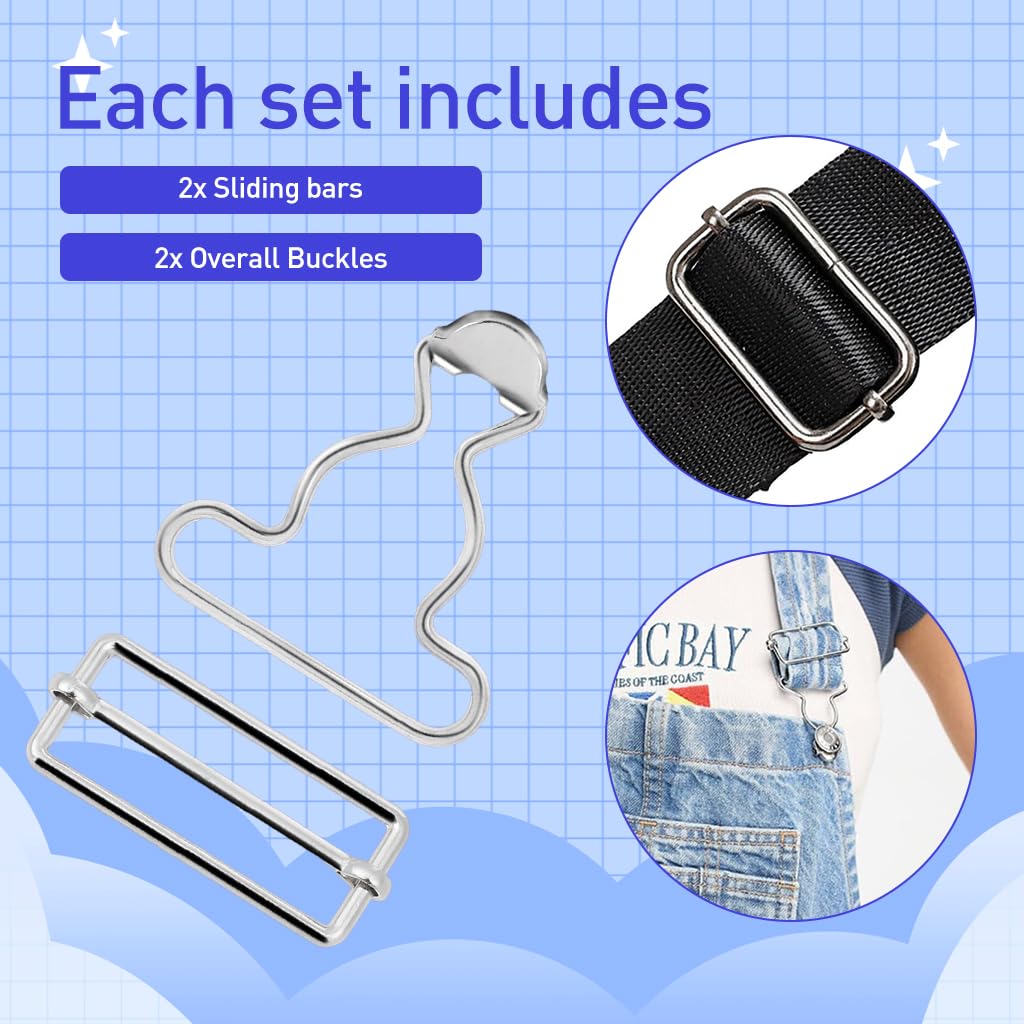 HASTHIP® 2 Sets Metal Brace Buckles, Dungaree Clips with Adjustable Tri Glide Slide Buckle and Buttons for Jeans Suspender, Bib Pants DIY Sewing Accessories (Sliver)