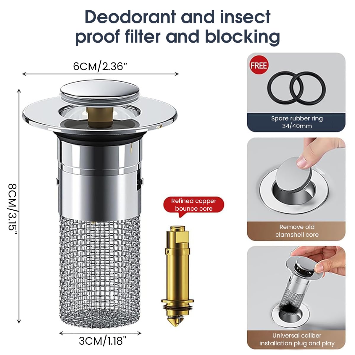 HASTHIP Bathroom Sink Stopper for 30–40mm Drains with Pop Up Design and Stainless Basket Filter