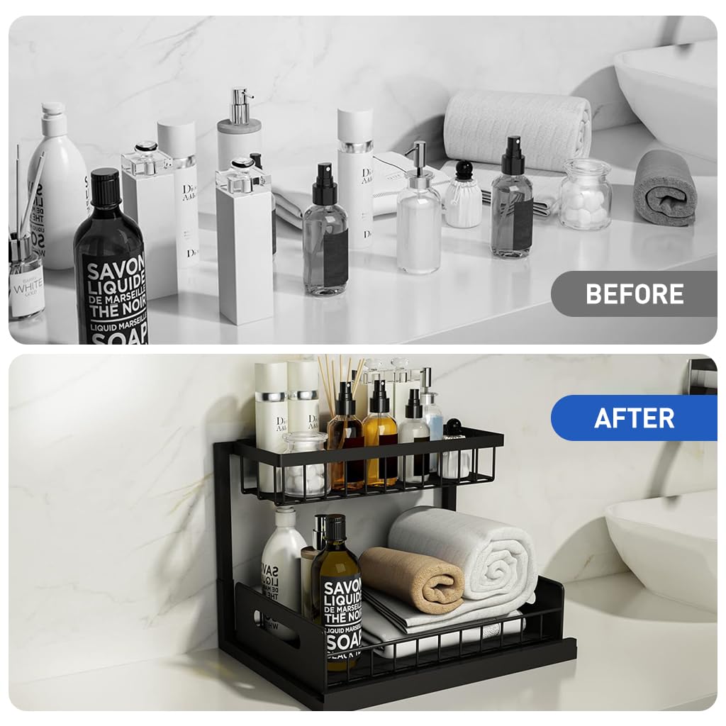 HASTHIP Under Sink Organizer for Kitchen and Bathroom with 2 Tier Pull Out Metal Shelves | Sliding Storage Rack