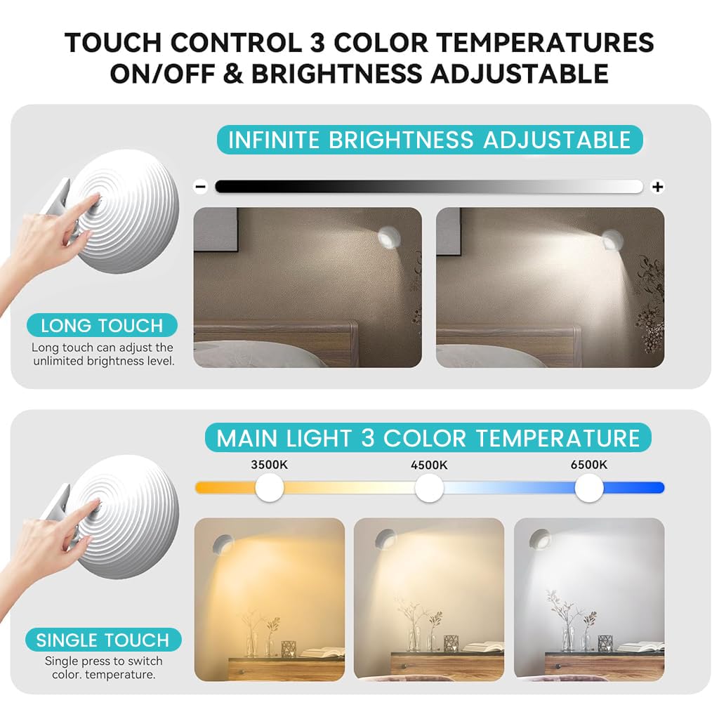 ELEPHANTBOAT® 2Pcs USB LED Wall Light 3 Color LED Reading Light Detachable Magnetic LED Wall Light with Touch Button Control 2000mAh Rechargeable Wall Light Reading Light Night Light Wardrobe Light