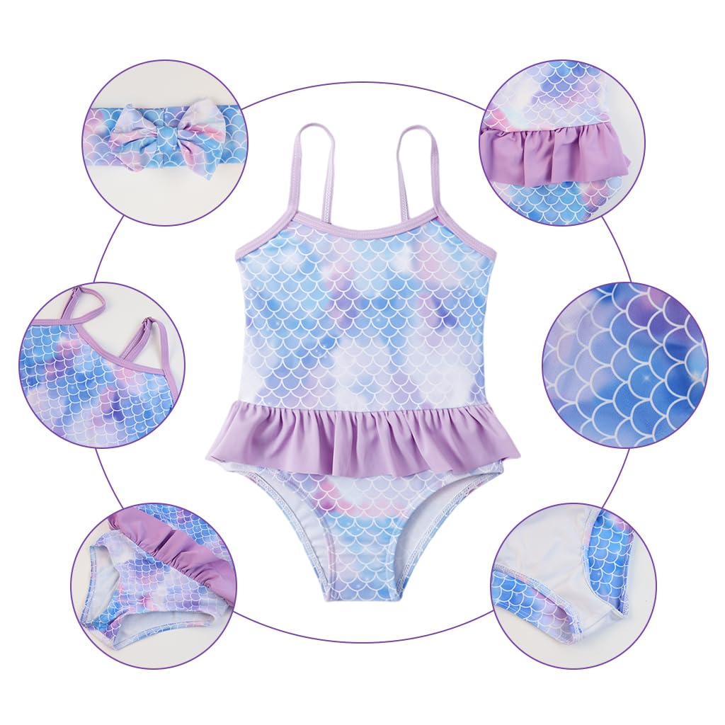 SNOWIE SOFT Mermaid Swimming Costume for Kids Girls featuring Ruffles and Headband | Purple One Piece Swimsuit 12–15 Months