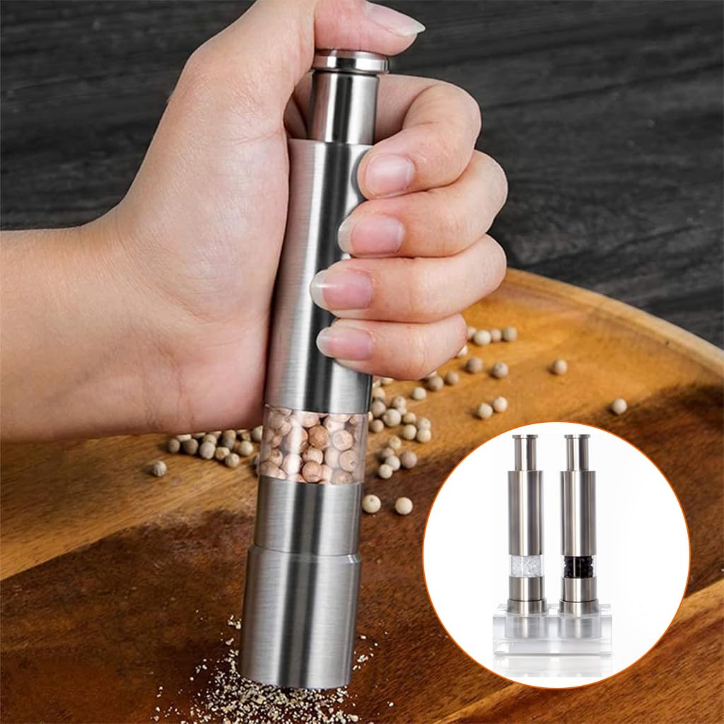 Supvox Pepper Grinder Mill Set for Kitchen with Spring-Loaded Push Design & Base | Stainless Steel 2Pcs