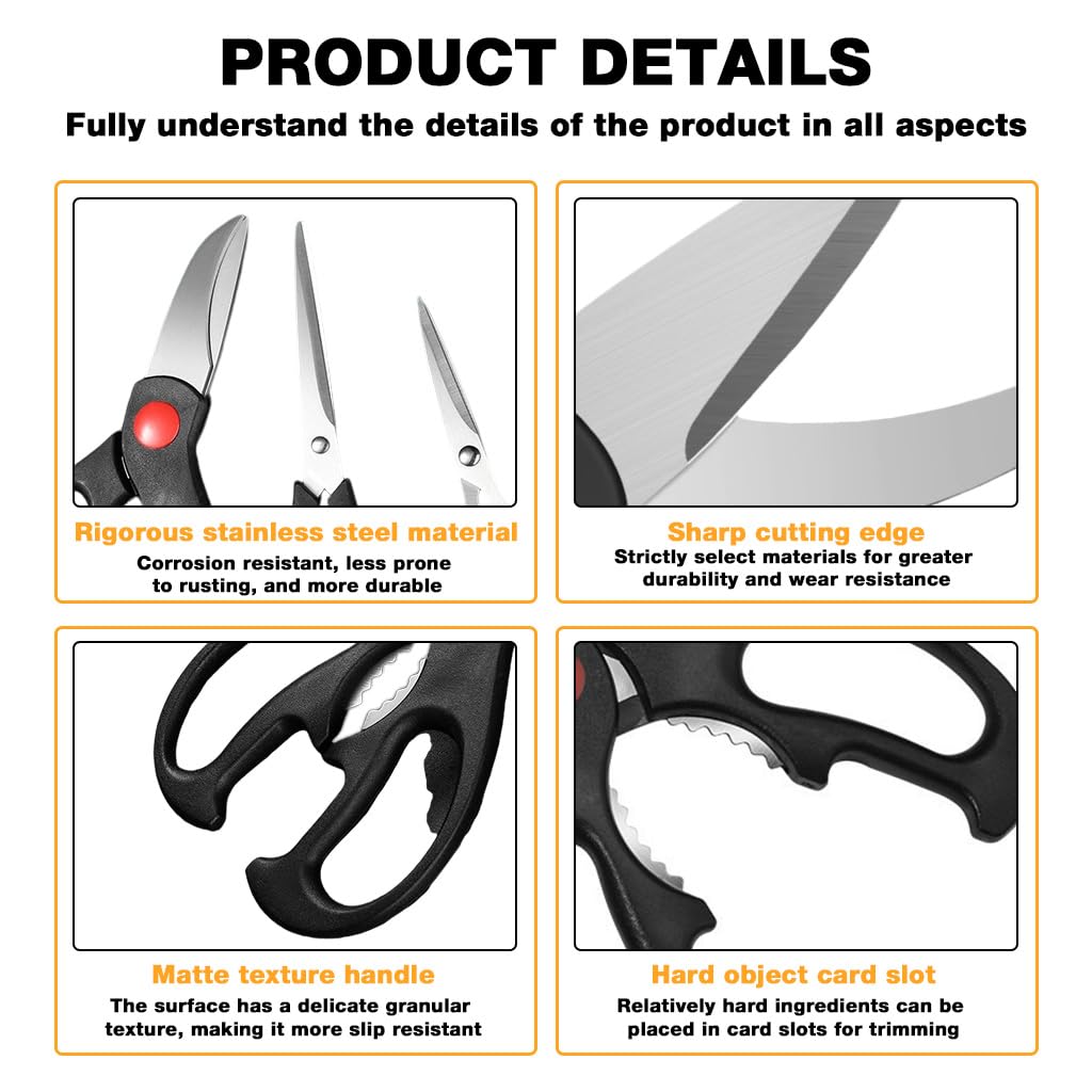 Supvox Kitchen Scissors Set of 3 for Meat and Herb Cutting with Nut Cracker | Stainless Steel Ergonomic Handles