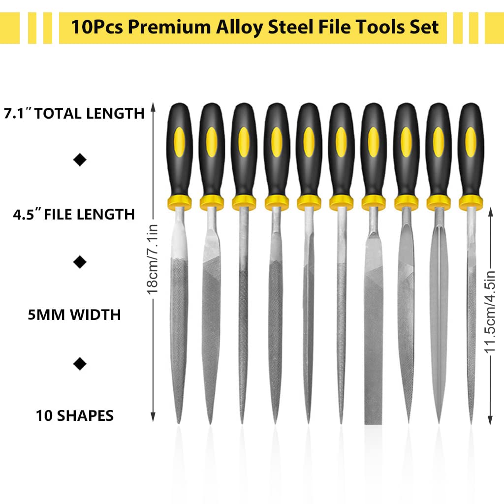 HASTHIP File Tools Set for Wood and Metal with Anti Slip Handles 10Pcs 5mm×180mm | Alloy Steel
