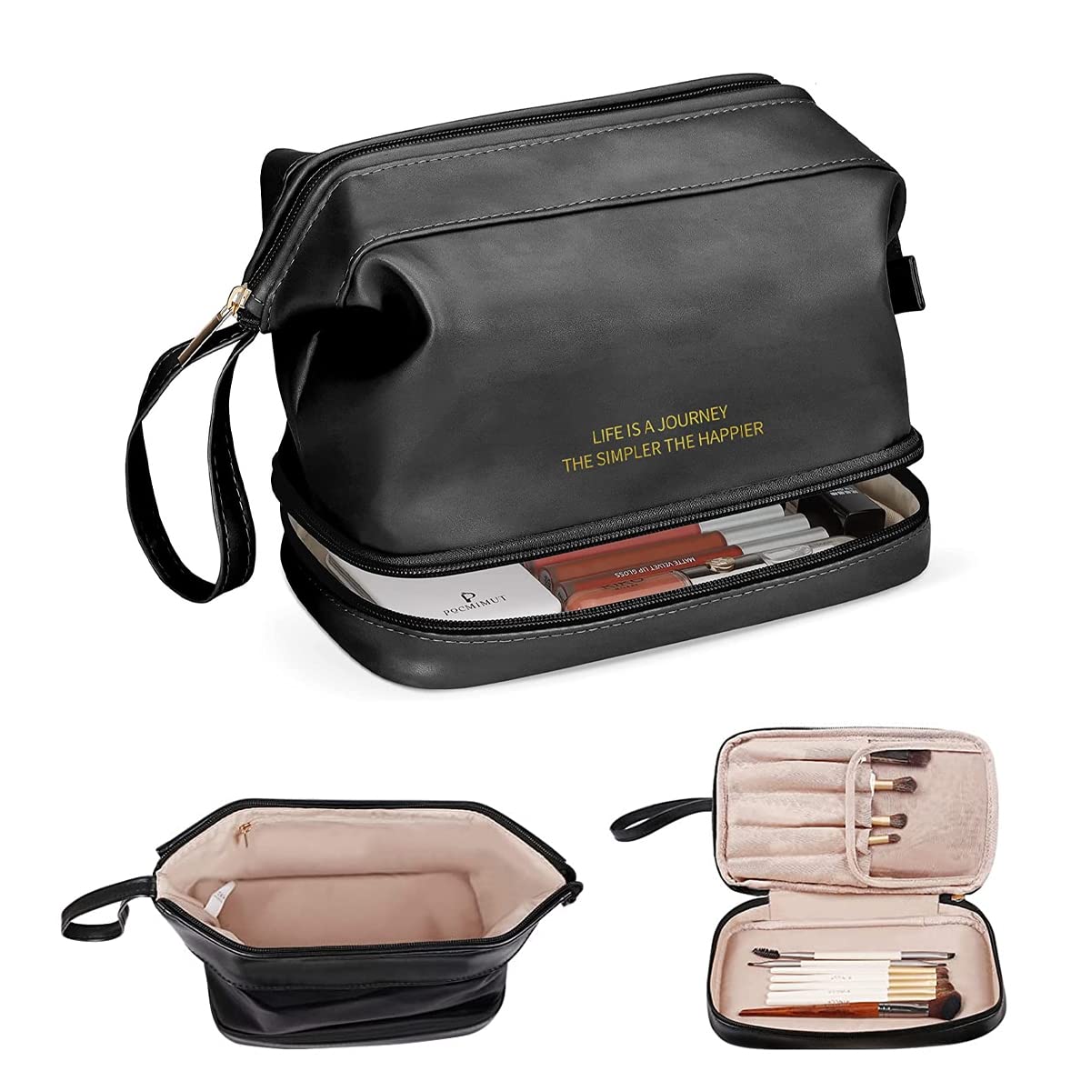 MAYCREATE Cosmetic Bag for Travel with Double Layer Brush Holders and 25×15×16 cm PU Leather Design | Black Makeup Organizer