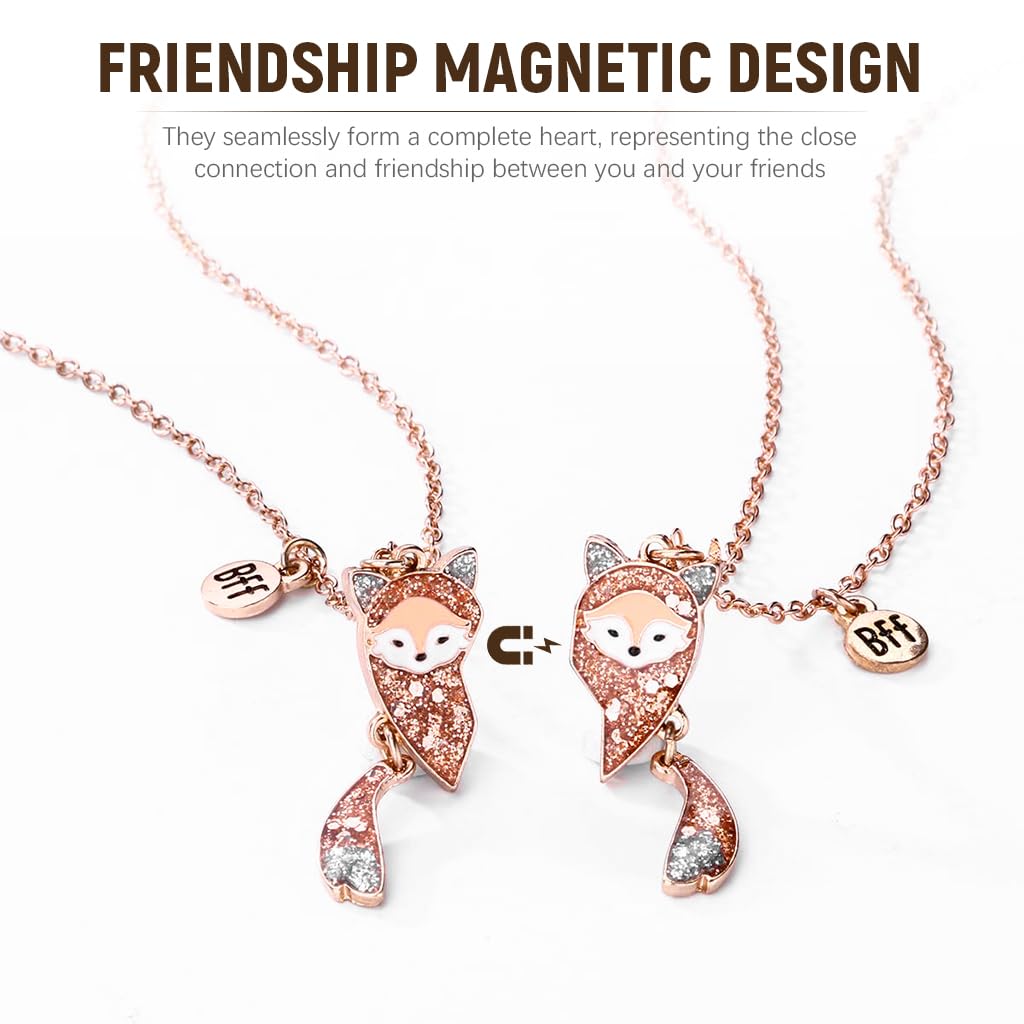 Zibuyu Necklace for Girls featuring 6PCS Magnetic BFF Enamel Fox Heart Pendants | Cute Friendship Gift