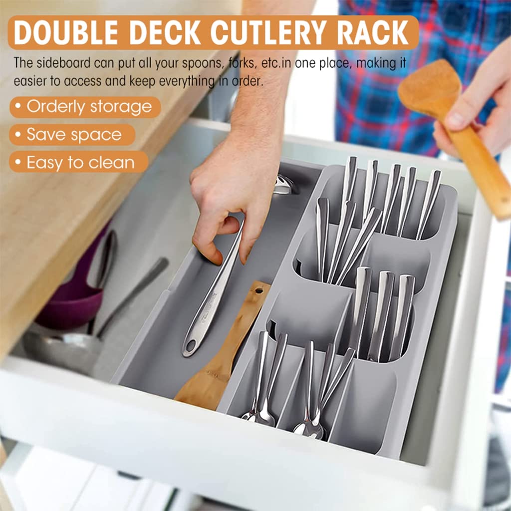 HASTHIP Cutlery Tray for Kitchen Drawer with Double Layer Design and 40.5×16.5×5.5 cm Size | PP Plastic Utensil Organizer