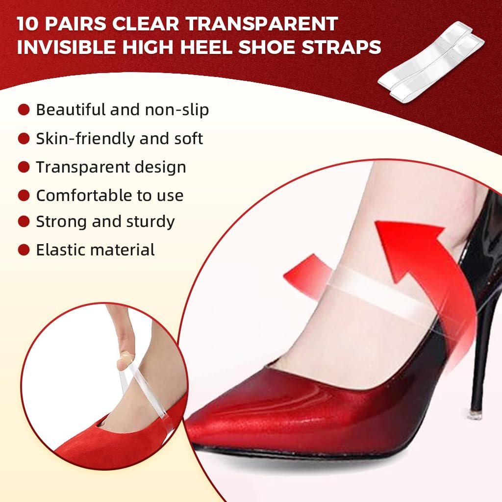 MAYCREATE® 10 Pairs Transparent Invisible High Heel Shoe Straps Women Elastic Shoe Laces Anti Loose Shoelace Belt Ankle Straps for Holding Loose High Heel