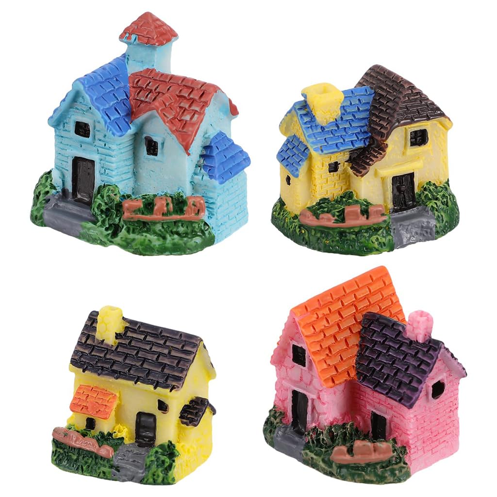 Zibuyu Miniature Toys House Set for Fairy Garden Décor with 4 Resin Waterproof Pieces