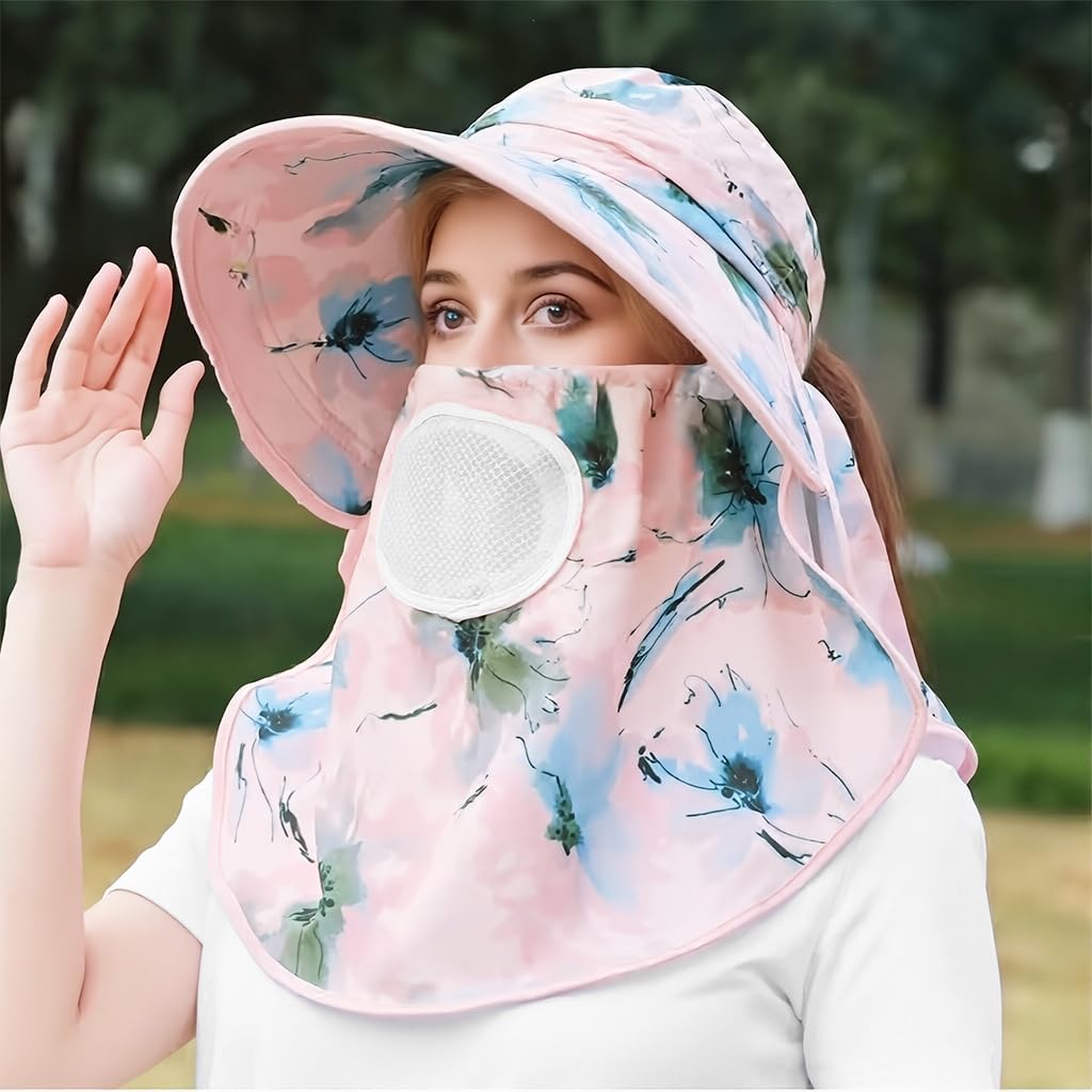 SANNIDHI Sun Hat for Women with UPF50+ Wide Brim and Removable Face Mask | Floral Print Summer Protection