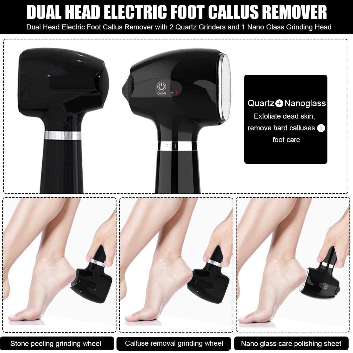 MAYCREATE® Callus Remover Electronic Tool Kit for Feet with 2 Roller Head Quartz Nanoglass Grinding Bit-Black