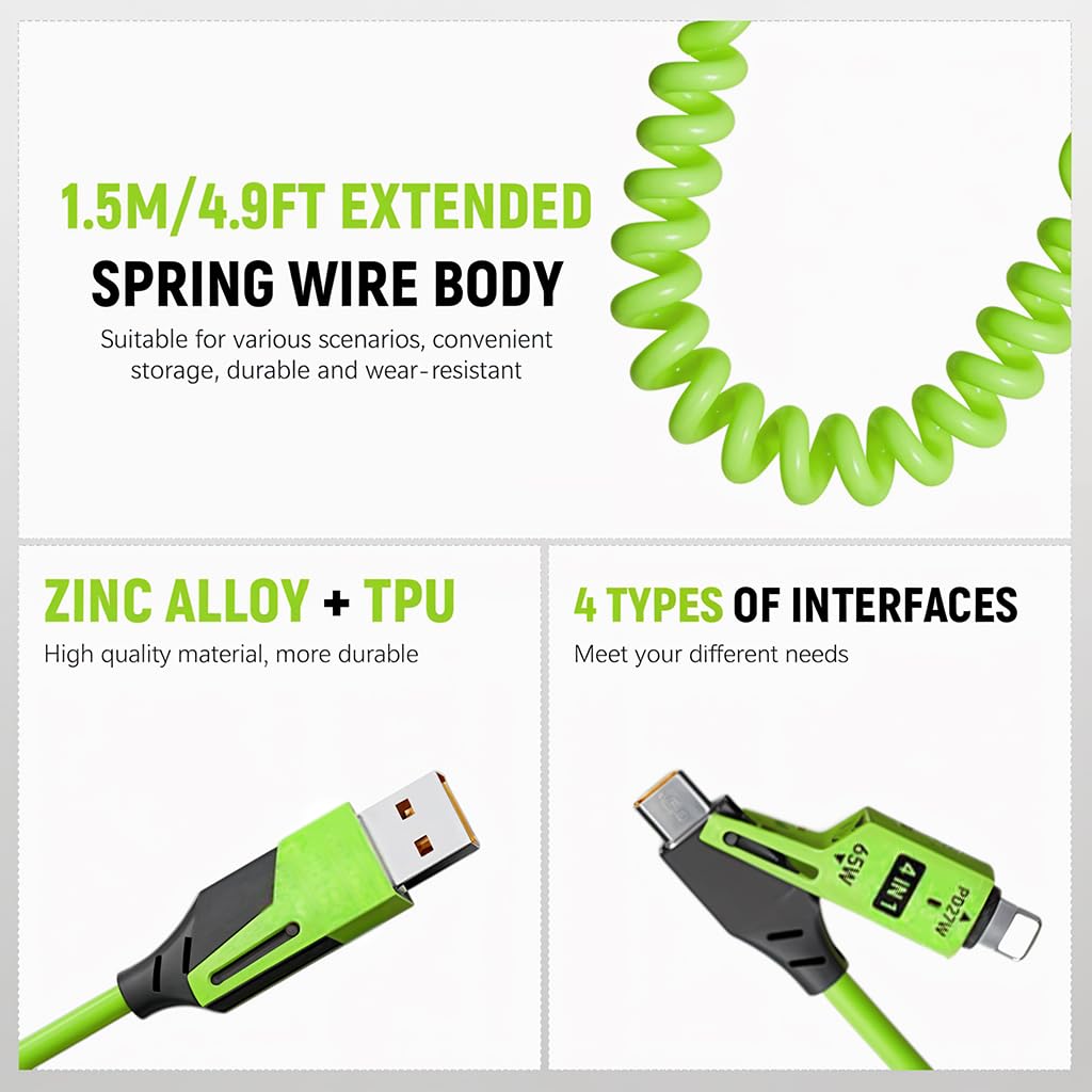 Verilux 4 in1 Type C Cable for Fast Charging with PD65W Output and Spring Coiled Design | Green
