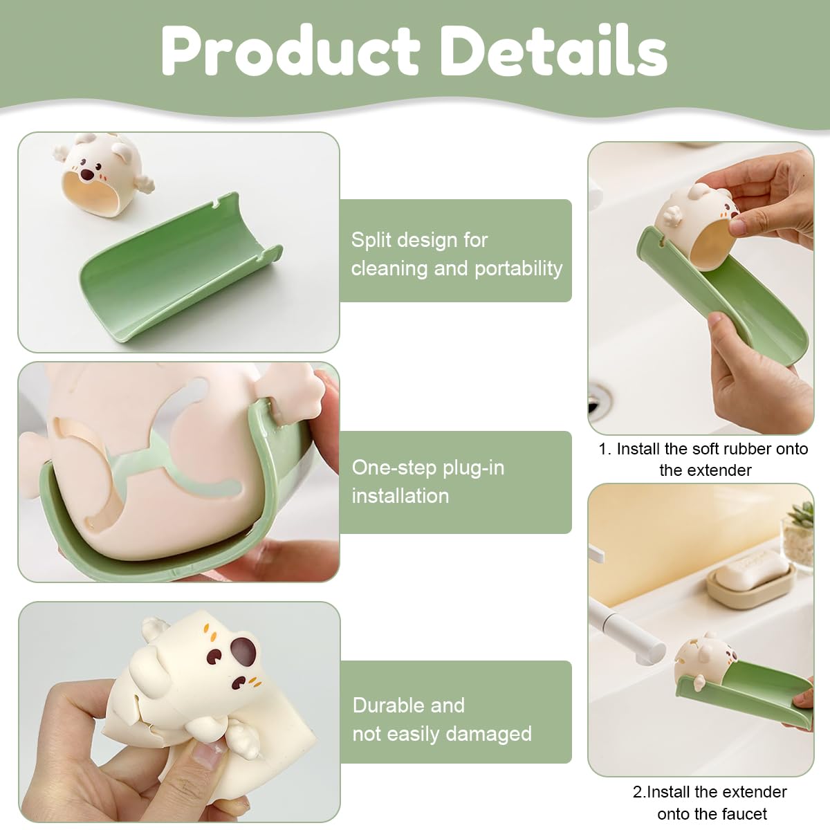 SNOWIE SOFT Water Faucet Extender for Kids with Universal Clip-on U-Channel | 3 PCS Green