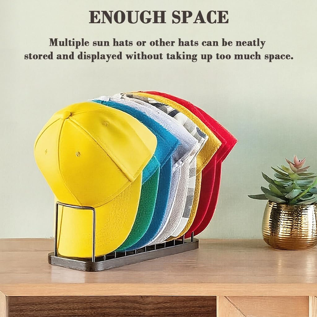 HASTHIP Hat Organizer for Desk and Shelf Display with 10 Slots and Wooden Base | 26.5x10x10cm Metal Wire Cap Holder