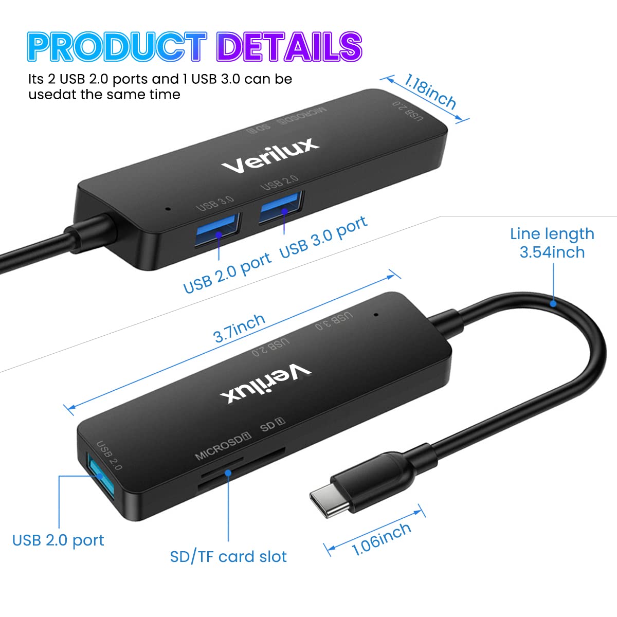 Verilux Type C Card Reader Micro SD Card Reader All in One SD Card Reader 5 in 1 Multi USB C Adapter with USB2.0/USB3.0 Ports Compatible with PC, MacBook Air/Pro M1, Mac Mini, iMac, Surface Pro