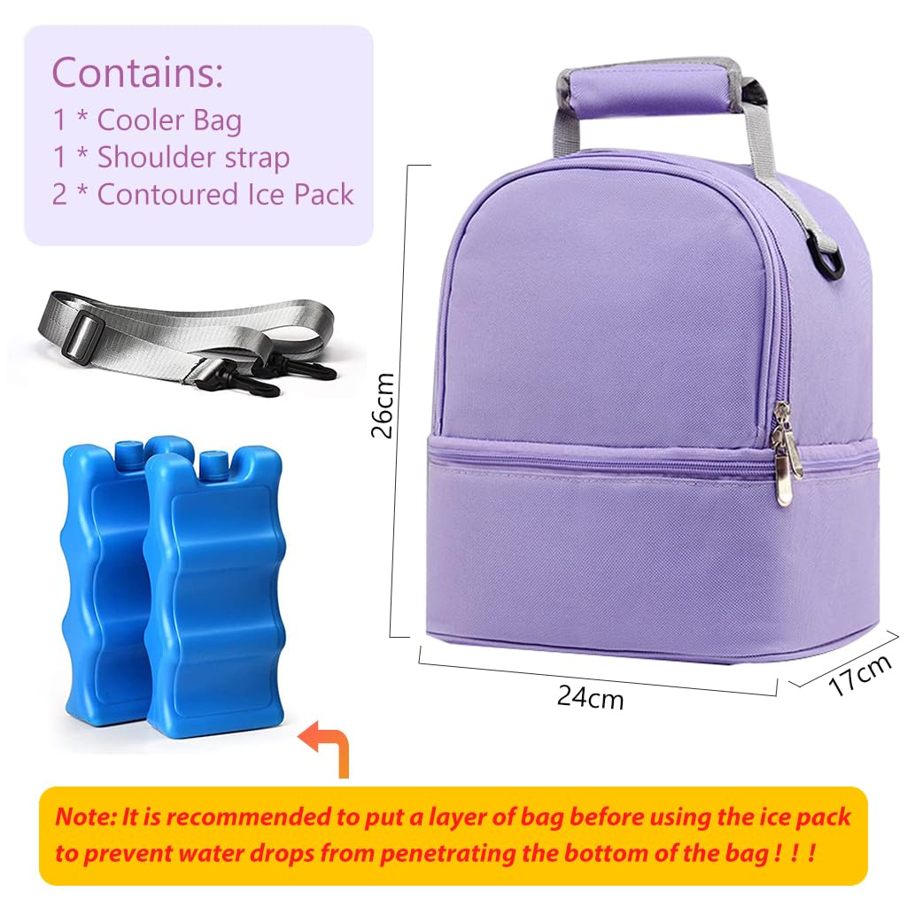 ZIBUYU® Breastmilk Storage Bag with Ice Pack, Double Layer Breastmilk Warmer Insulated Bag with Strap, Fits 6 Ounces Bottles, Waterproof Breast Mommy Diaper Backpack Bento Box Backpack, Purple