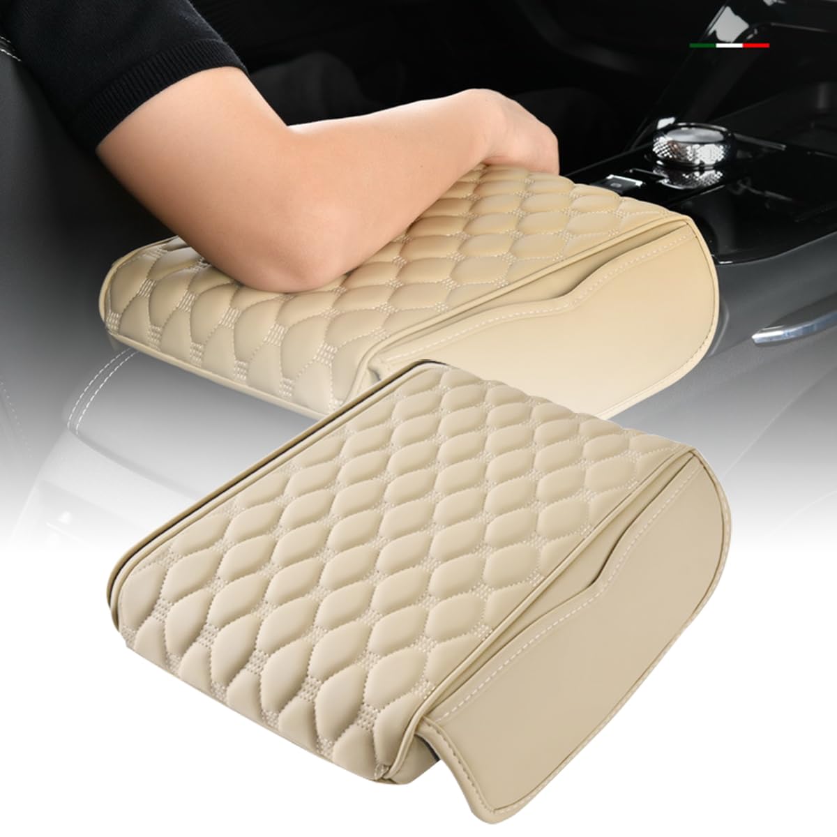 STHIRA Car Armrest Cushion for Center Console with Side Storage Pouch in Beige PU Leather | Ergonomic Support and Universal Fit