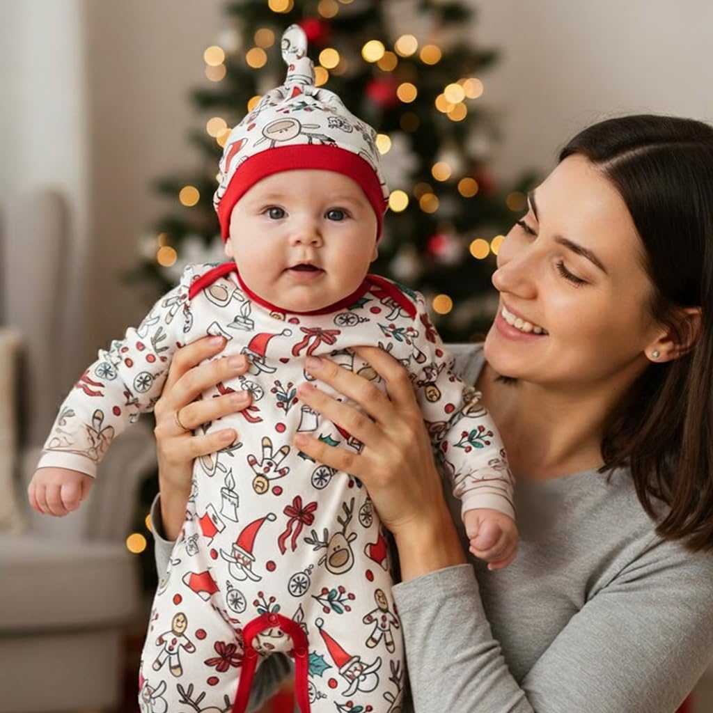 SANNIDHI Christmas Baby Outfit Set for 6–9 Month Infants with Button Up Crotch | Includes Matching Hat for Holiday Photos