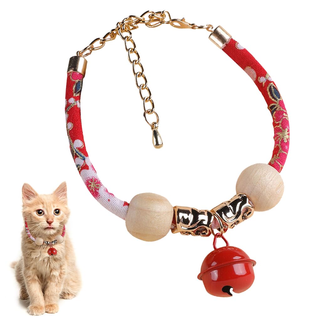 Qpets® Cat Collar with Red Bell, Cute Cat Collar Adjustable Cat Collar Flea Prevention Cat Collar Natural Pet Friendly Camphor Wood Balls