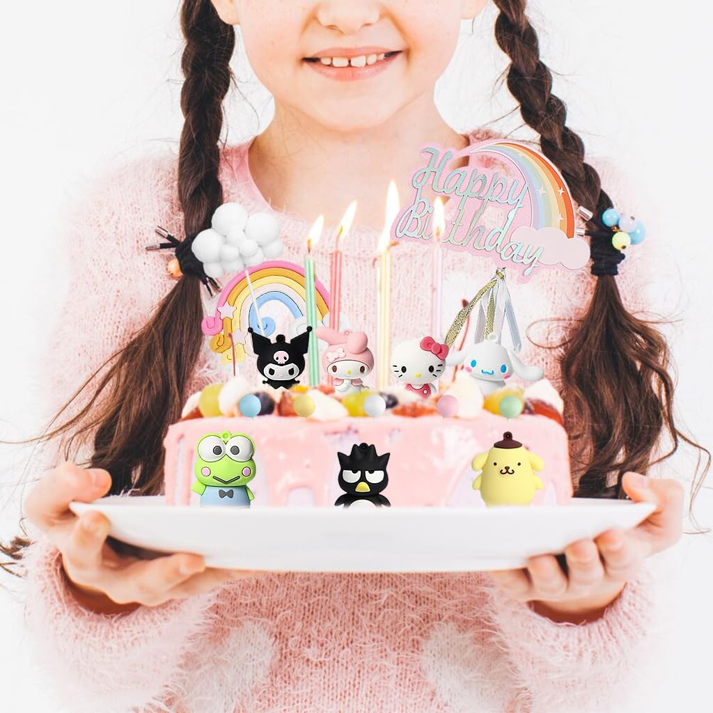 HASTHIP Cake Toppers Set 18Pcs for Birthday and Shower Parties featuring Silicone Characters and Rainbow Balloons