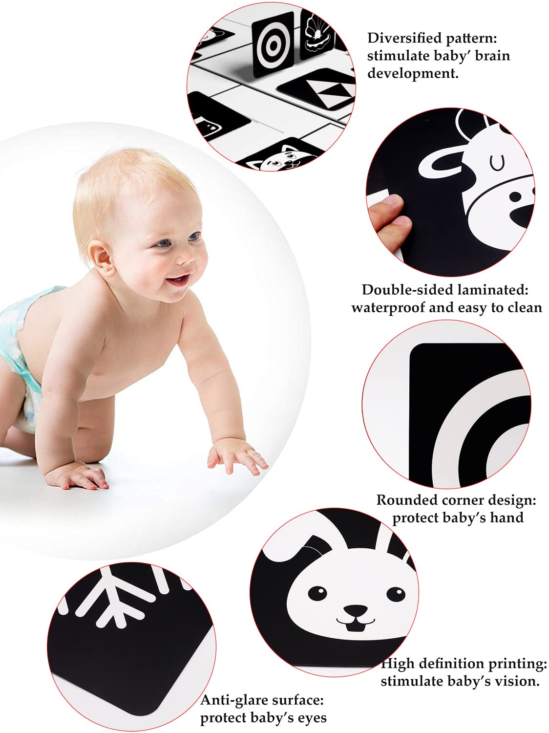 SNOWIE SOFT Flash Cards for Baby Visual Development with 20 Sheets 40 Patterns | 6.6 x 6.6 in High Contrast Cognitive Toy
