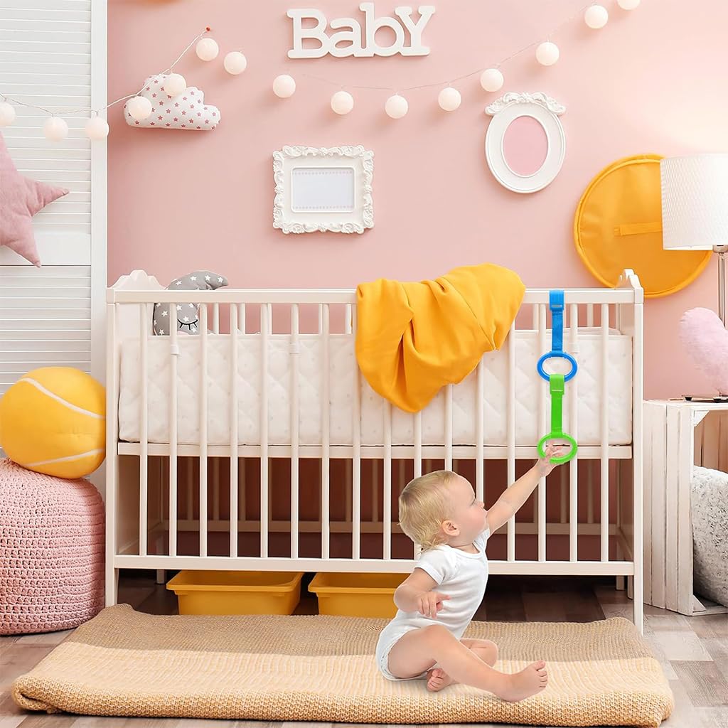 SNOWIE SOFT Baby Pull Up Ring for Crib with Secure Snap Buckle & Smooth Plastic Grip | 2Pcs Set for 6–18 Months