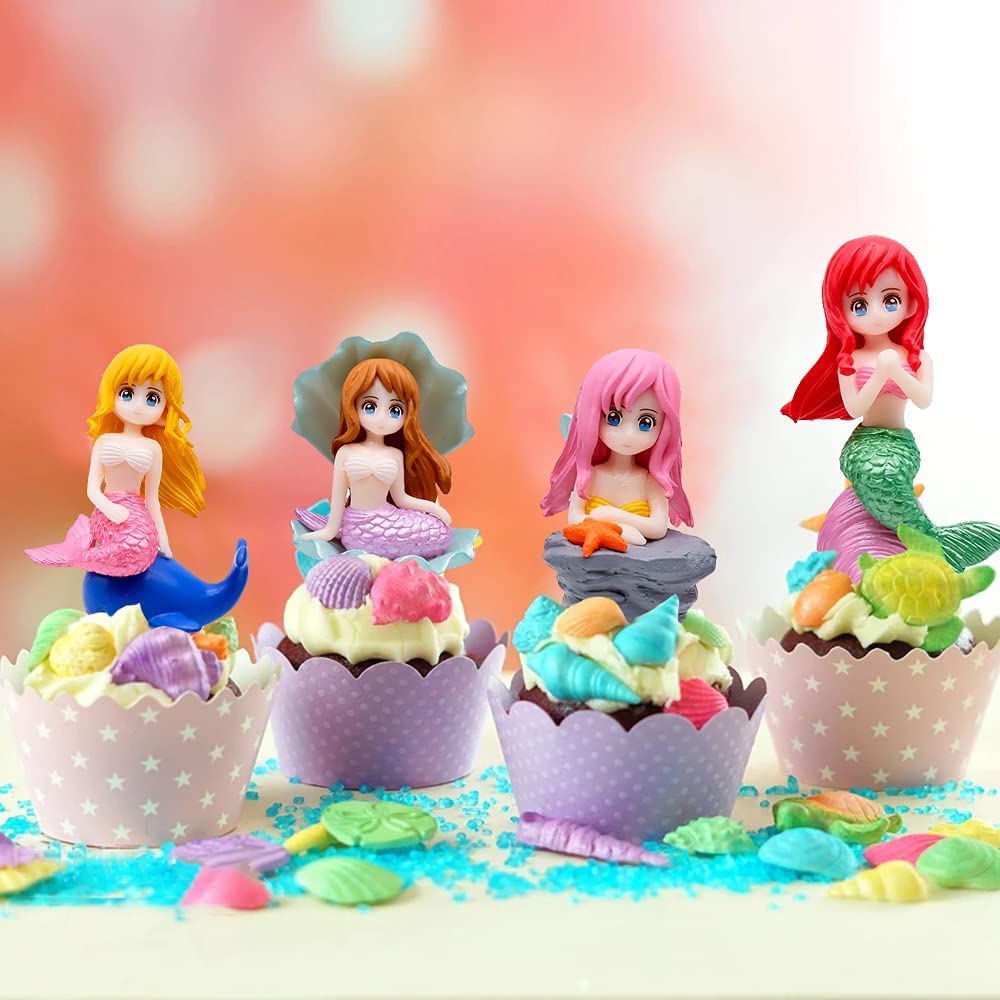 PATPAT Plastic Cake Toppers for Miniature Mermaid Garden featuring 4 Styles and Multi Colour | 2.6x2in Figurines
