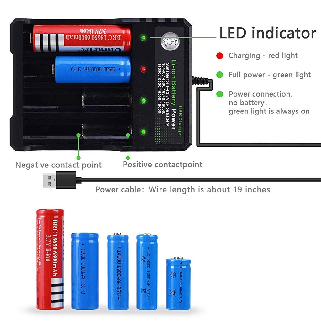 HASTHIP® 18650 Battery Charger 4 Bay Fast Charge, for 3.7V Li-ion TR IMR 10440 14500 16650 14650 18350 18500 16340(RCR123) Batteries, USB Intelligent Universal Rechargeable Battery Charger