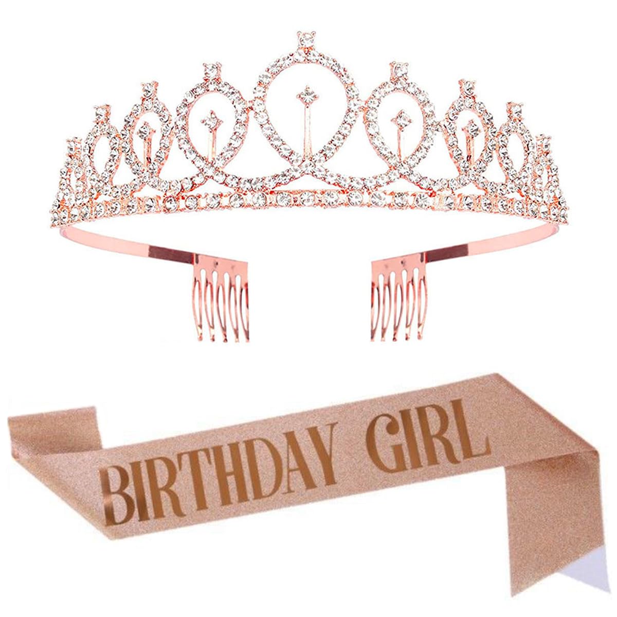 Venzina Crown Tiara for Girls with Glitter Sash and Crystal Rhinestones in Rose Gold | Birthday Party Set