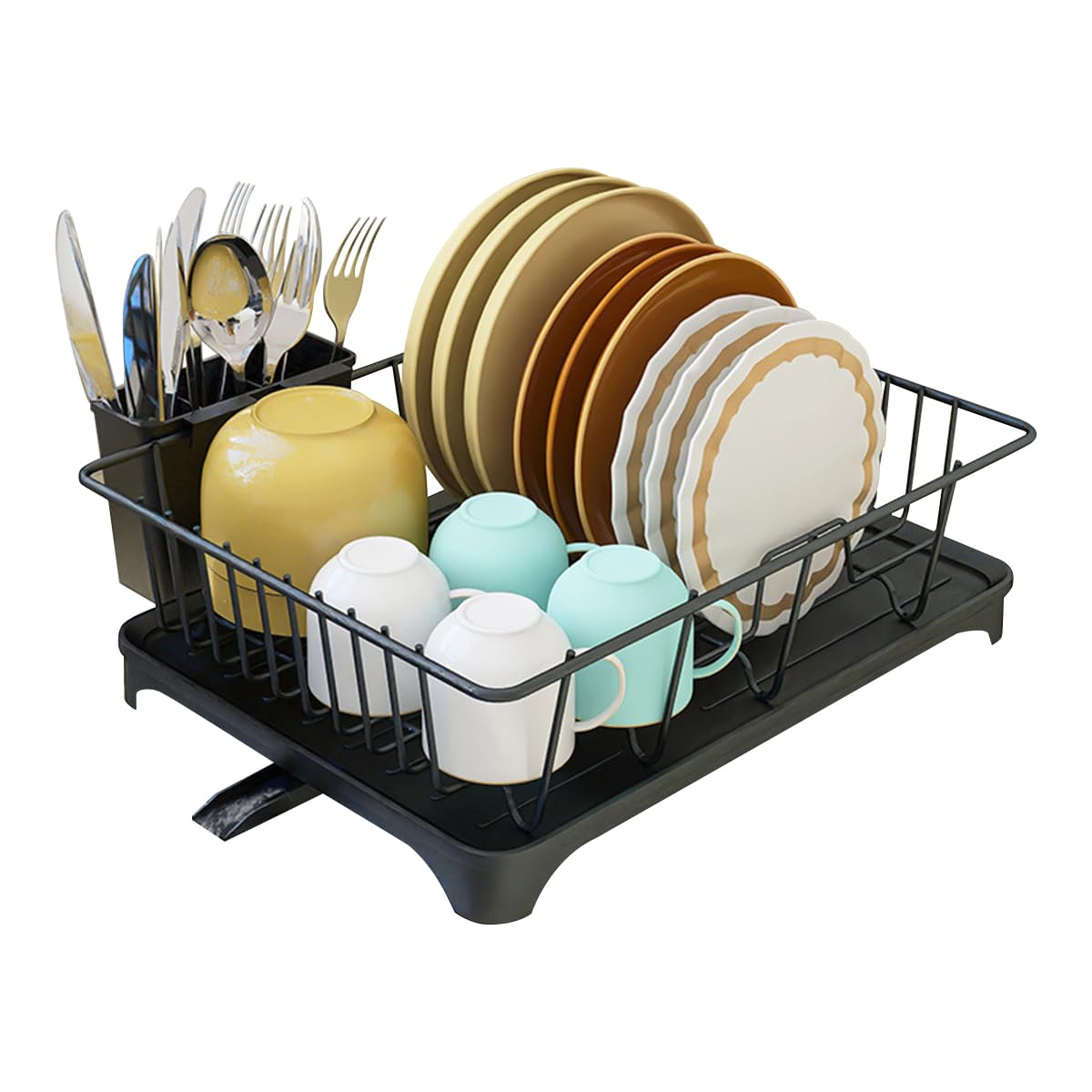 Supvox® Dish Drying Rack - Metal Large Capacity Dish Drainer Basket with Cutlery Holder & Drainage Spout, Kitchen Multifunction Dish Drying Rack Cup Drying Rack for Dishes, Knives, Spoons, and Forks