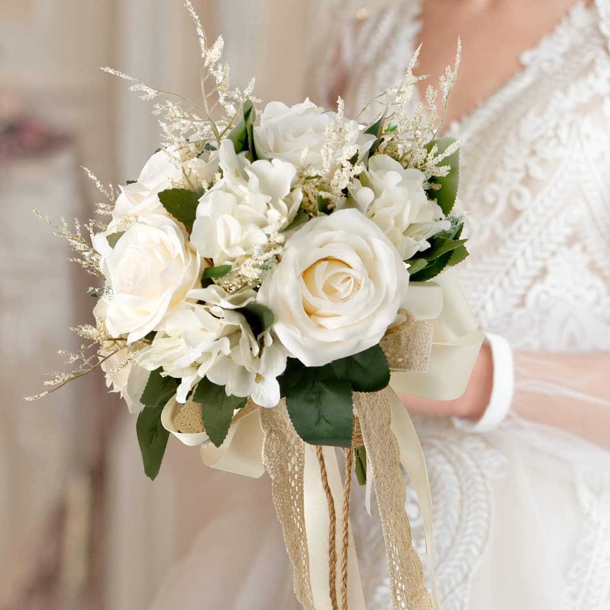 Supvox Artificial Flowers Wedding Bouquet for Bride with Lace Bowknot and White Roses 8.26x10.2 in