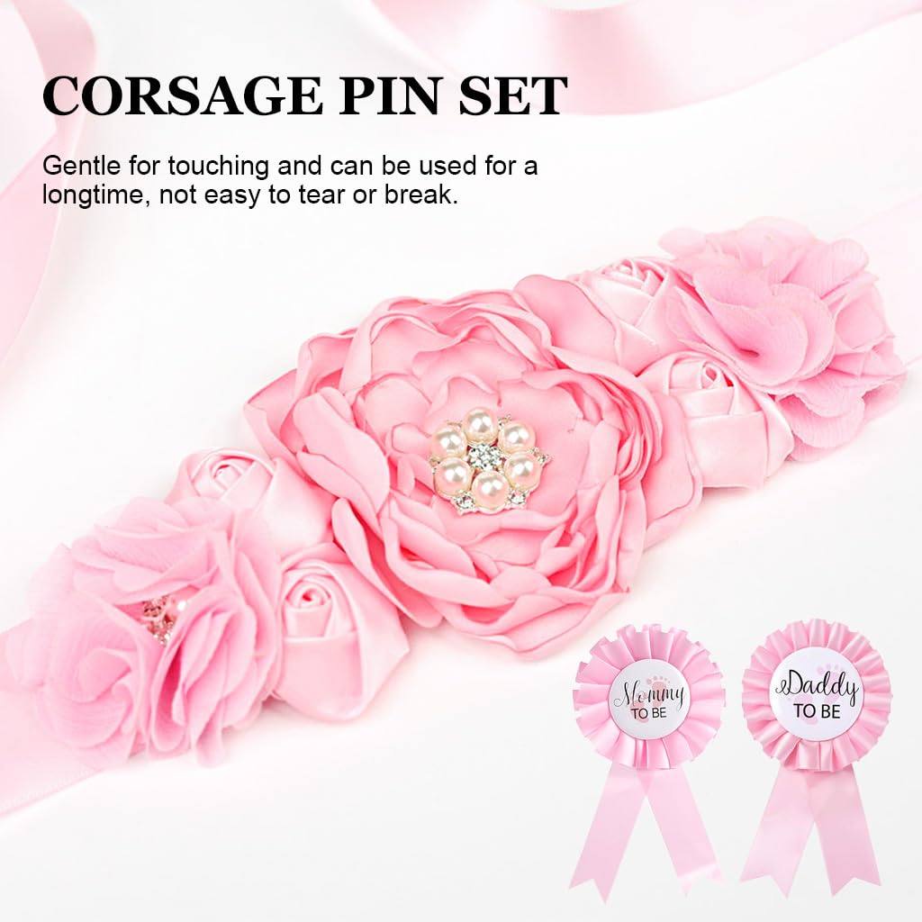 PALAY® Mom to Be Decoration Items Set Mom to Be Flower Sash Set Maternity Shoot Props Baby Shower Daddy to Be Corsage Pin Flower Belt for Maternity Dress Mom to Be Props Supplies-Pink