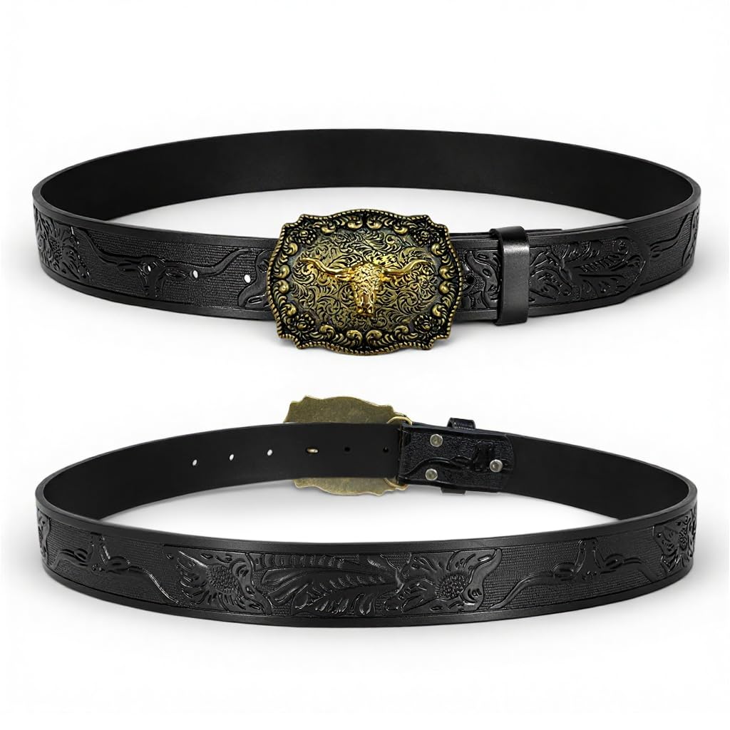 GUSTAVE Belts for Men with Embossed Bull Head Buckle and Pin Tuck Closure 120cm PU Leather