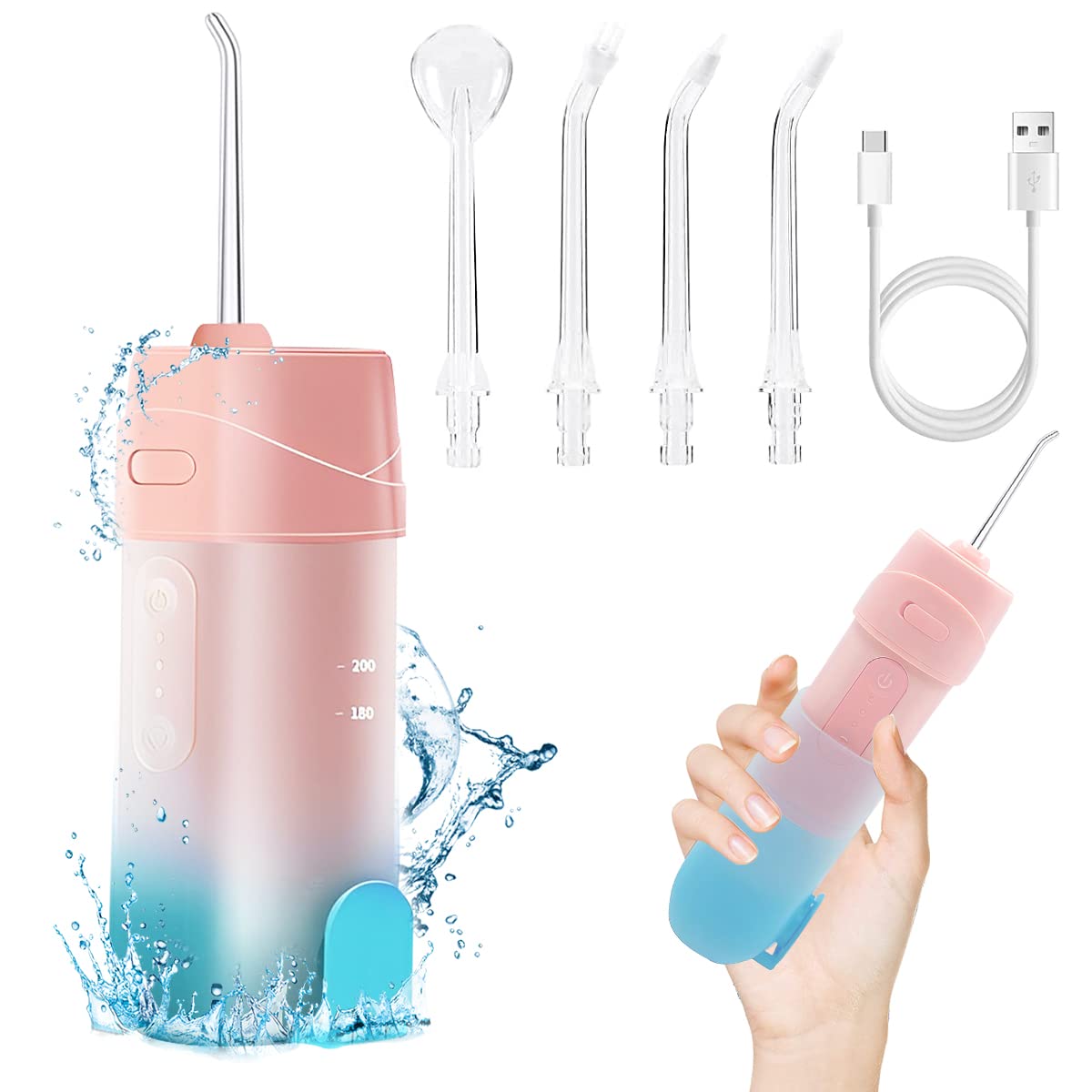 HANNEA® Dental Flosser for Teeth Oral Care, Cordless & Rechargeable Dental Oral Irrigator Detachable 240ml Water Tank with 3 Modes, IPX7 Waterproof Water Picks for Teeth Cleaning, Pink