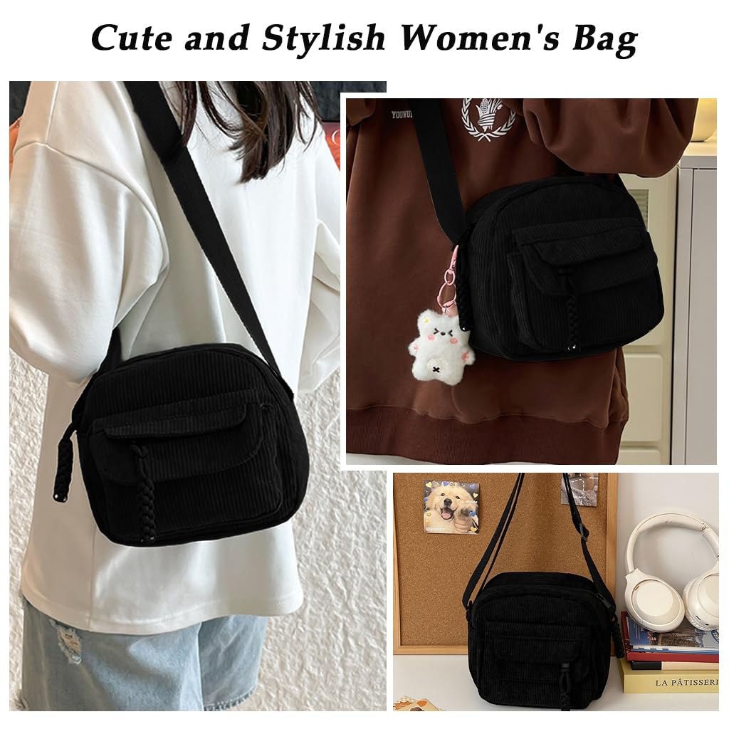 Zibuyu Small Corduroy Sling Bag for Women with 3 Zipper Pockets and Adjustable Strap | Green Everyday Purse