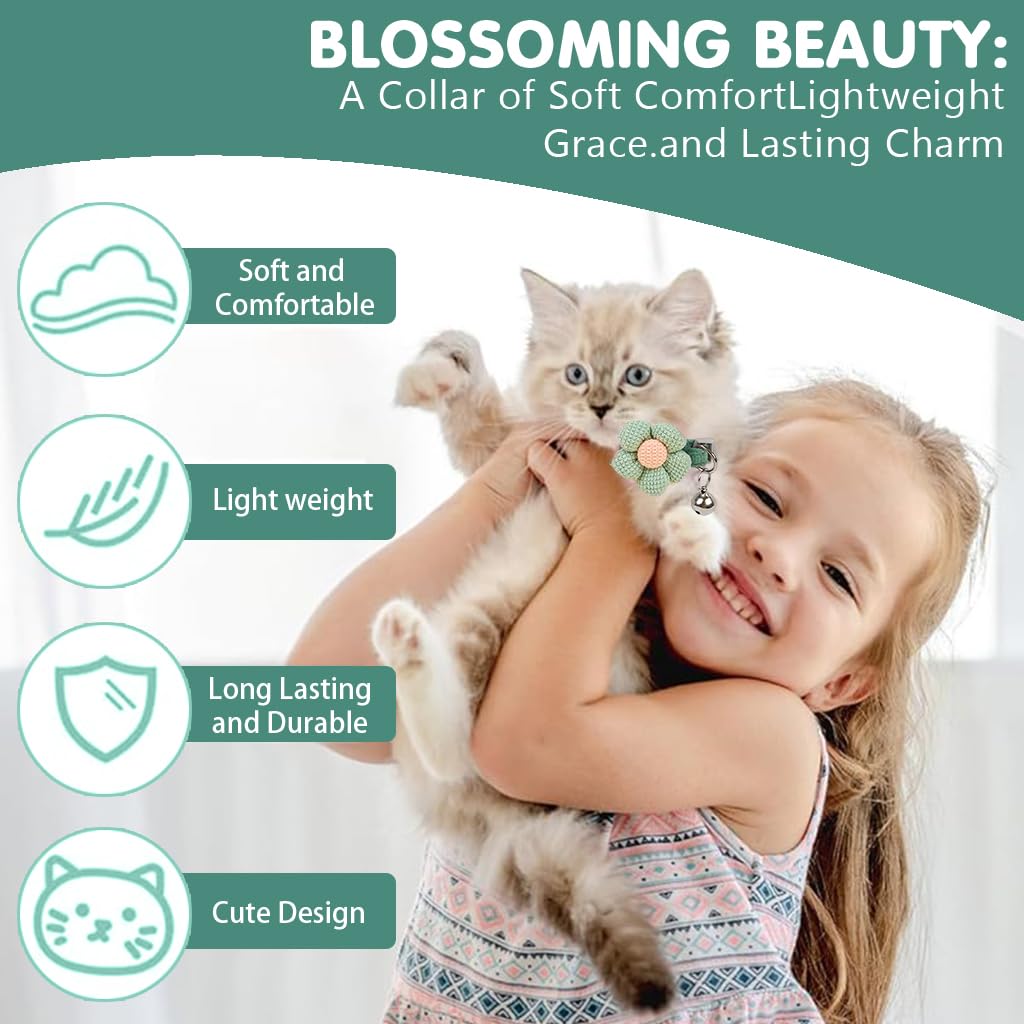 Qpets Cat Collar Set with Handcrafted Crochet Flower and Bell | Pink and Green Plush Adjustable Collars for Cats and Kittens