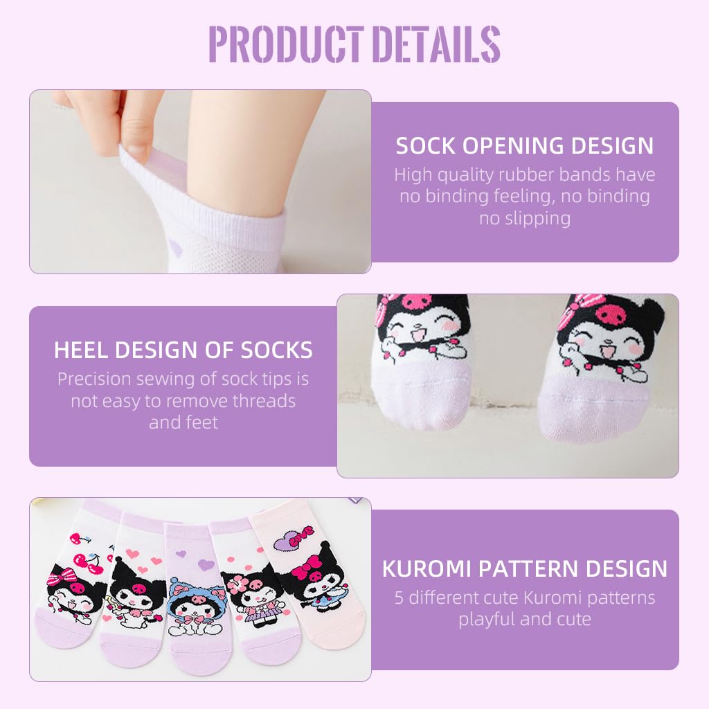 SNOWIE SOFT Kids Socks with Kuromi Cartoon Design Cotton Mesh 5 Pairs for 5–8 Years