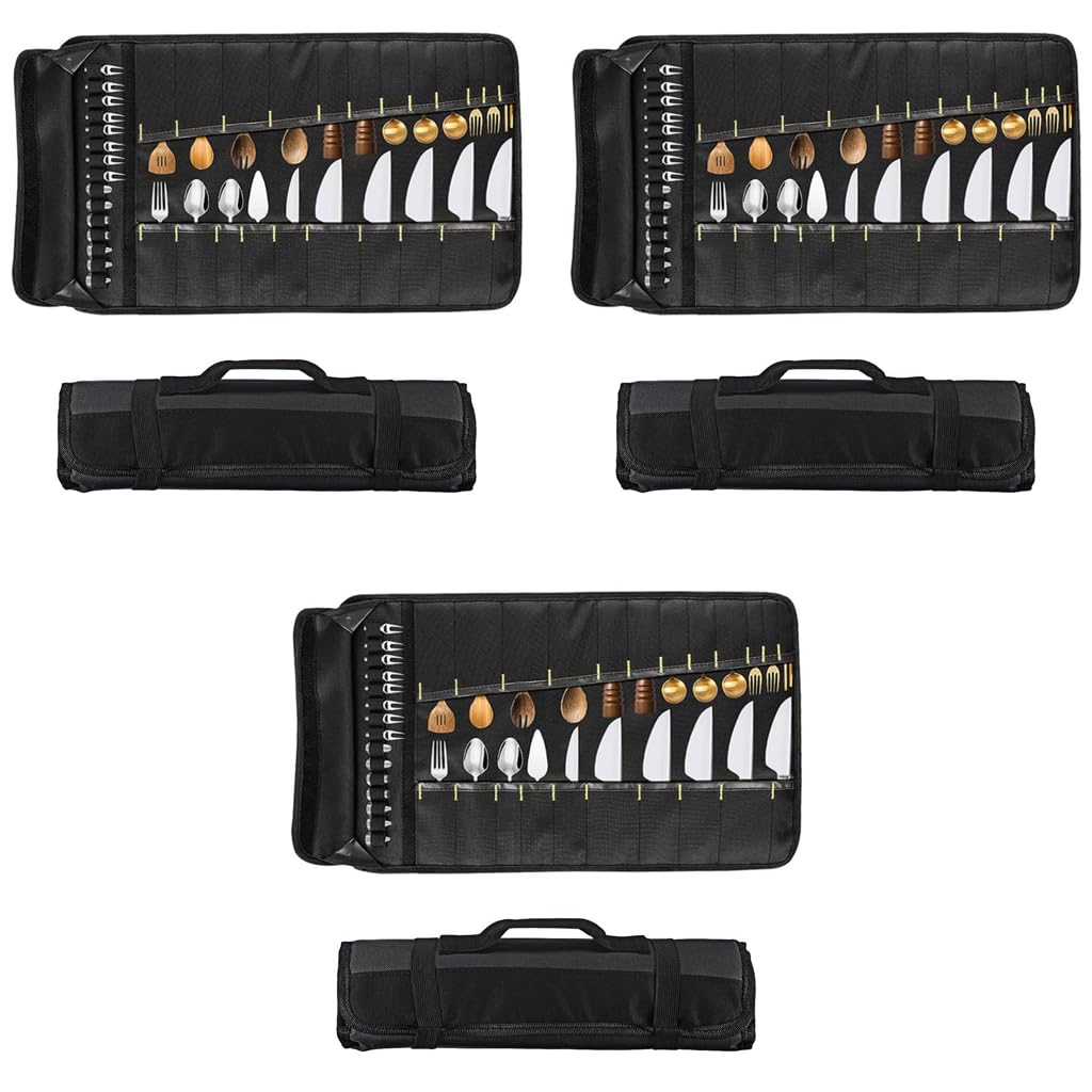 ZIBUYU Fabric Kitchen Cutlery Organizer Bag with 22 Slots featuring Secure Straps and Ergonomic Handle for Chefs | Black Oxford Cloth