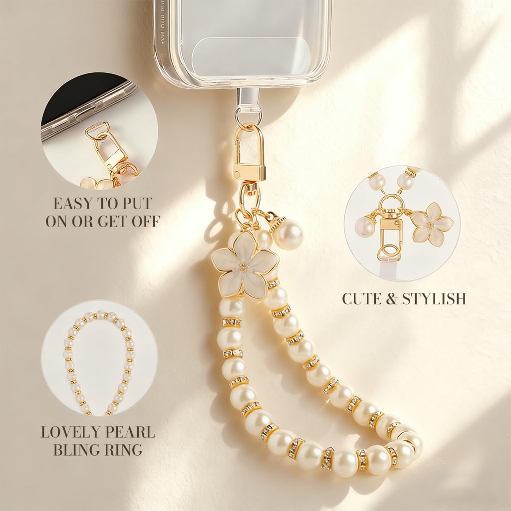 ZORBES Fashion Faux Pearl Phone Chain with Rhinestones and Golden Swivel Buckle for Women
