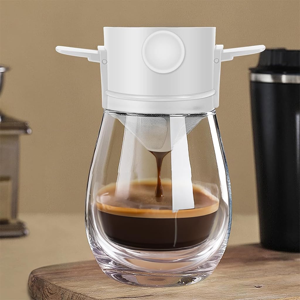 Supvox® Filter Coffee Maker with Bottom Cup Double Mesh Pour Over Coffee Filter Food Grade Stainless Steel & Plastic Coffee Dripper 100% Paperless Foldable Fit Most Cup Keep Coffee Flavour Easy Clean